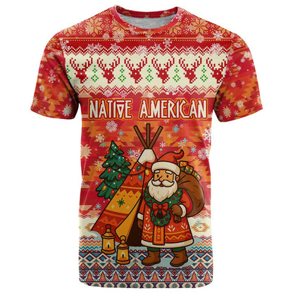 Native American Christmas T-Shirt with Red & Orange Geometric Pattern Santa Claus and Teepee Motif Graphic Tee