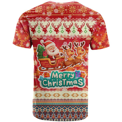 Native American Christmas T-Shirt with Red & Orange Geometric Pattern Santa Claus and Teepee Motif Graphic Tee