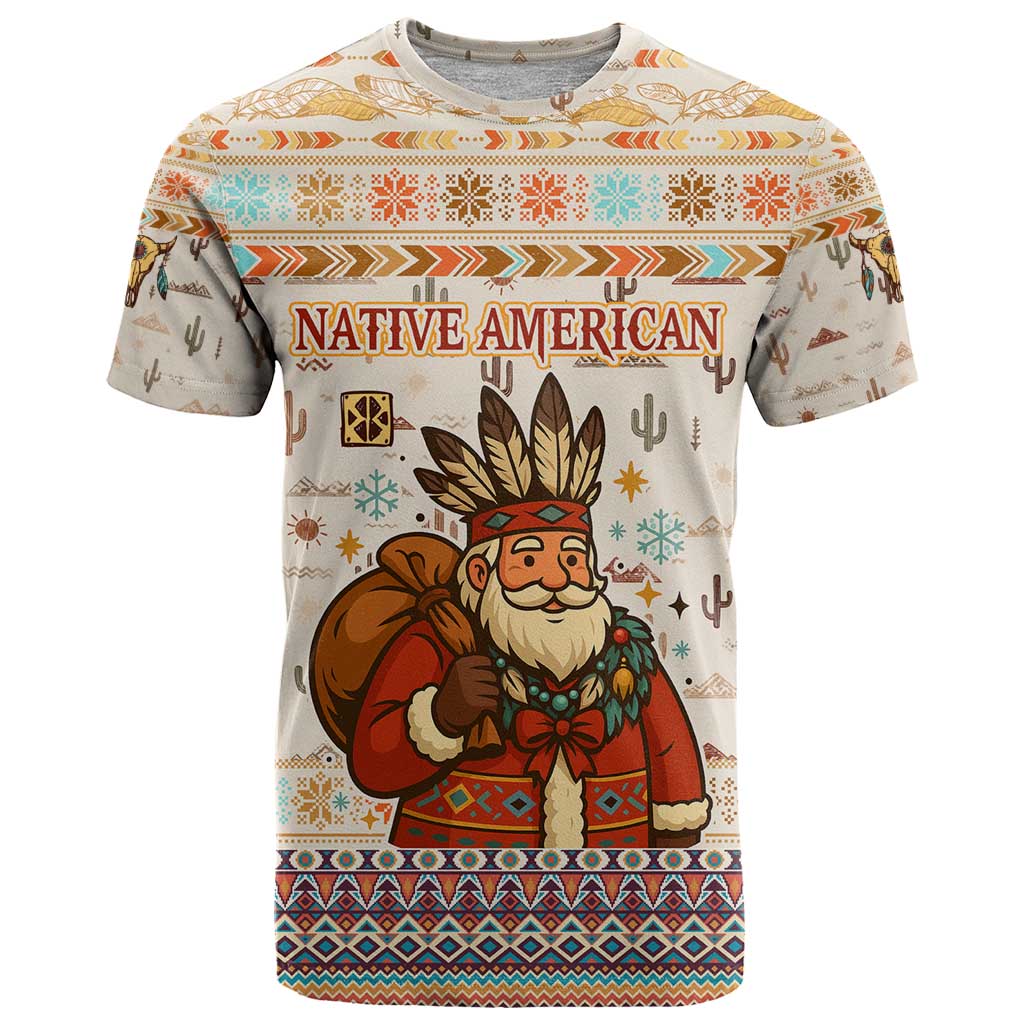 Native American Christmas T-Shirt with Beige Tribal Pattern Santa Claus and Dreamcatcher Motif Graphic Tee