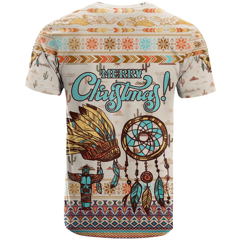 Native American Christmas T-Shirt with Beige Tribal Pattern Santa Claus and Dreamcatcher Motif Graphic Tee