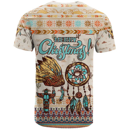 Native American Christmas T-Shirt with Beige Tribal Pattern Santa Claus and Dreamcatcher Motif Graphic Tee