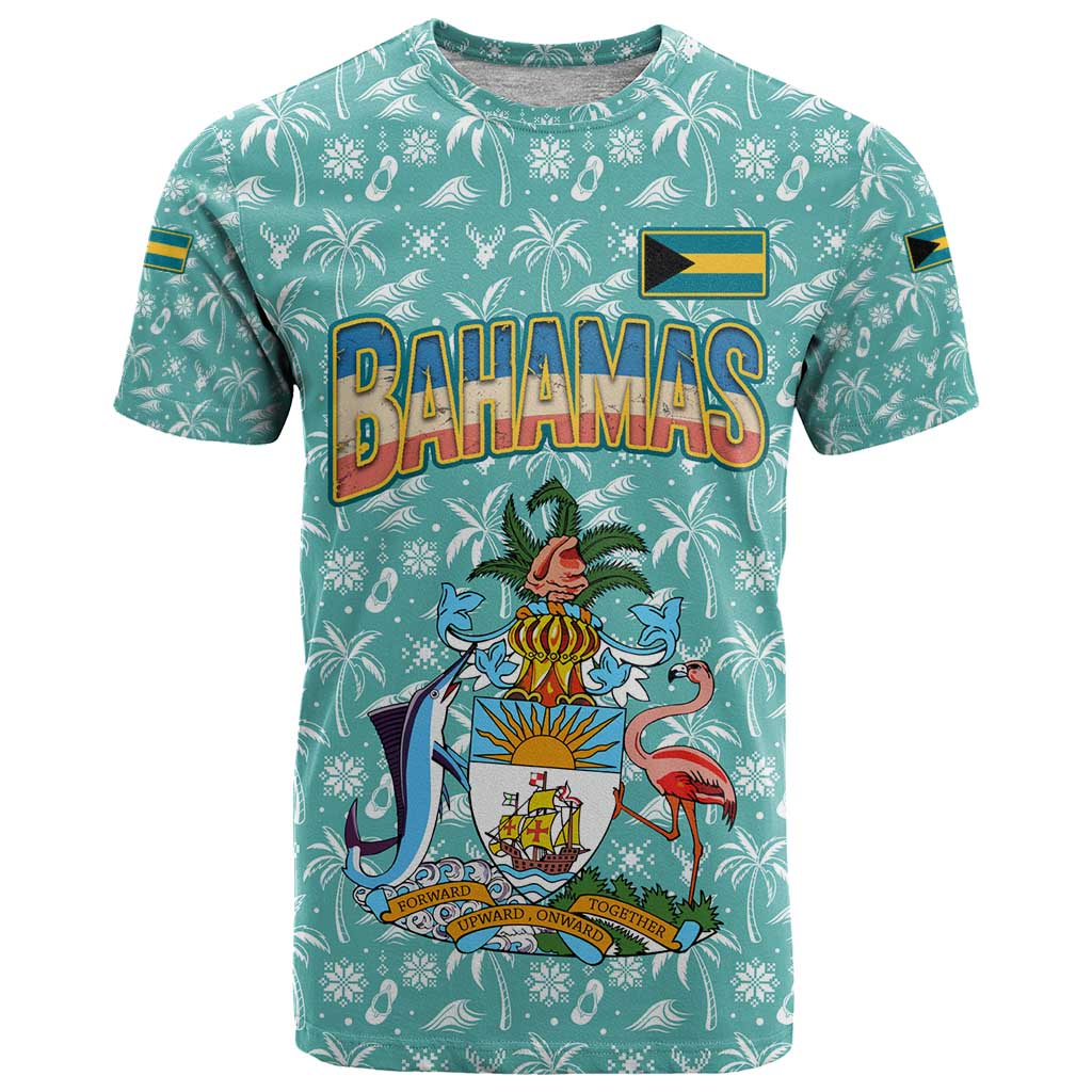 Bahamas Christmas T-Shirt with Teal Palm Pattern Carnival Santa and National Emblem Motif Graphic Tee