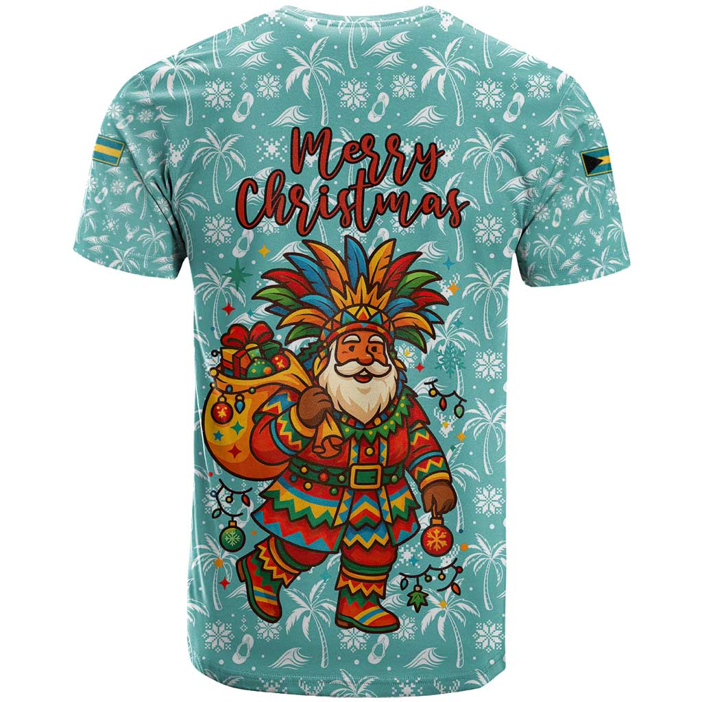 Bahamas Christmas T-Shirt with Teal Palm Pattern Carnival Santa and National Emblem Motif Graphic Tee