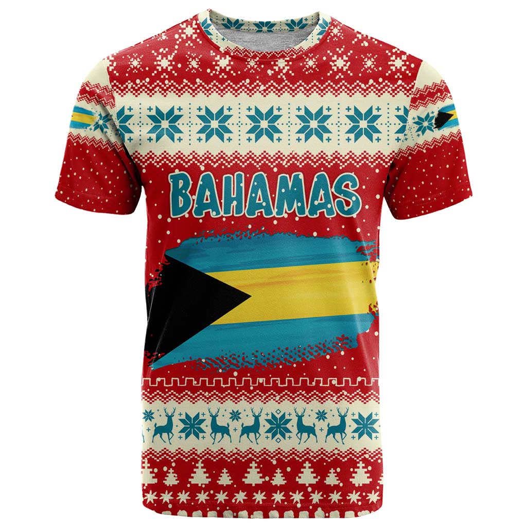 Bahamas Christmas T-Shirt with Red Festive Pattern Sailing Santa and National Flag Motif Graphic Tee