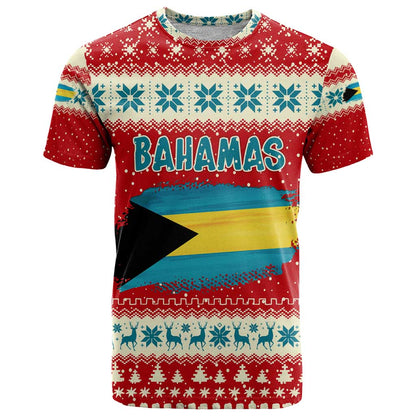 Bahamas Christmas T-Shirt with Red Festive Pattern Sailing Santa and National Flag Motif Graphic Tee