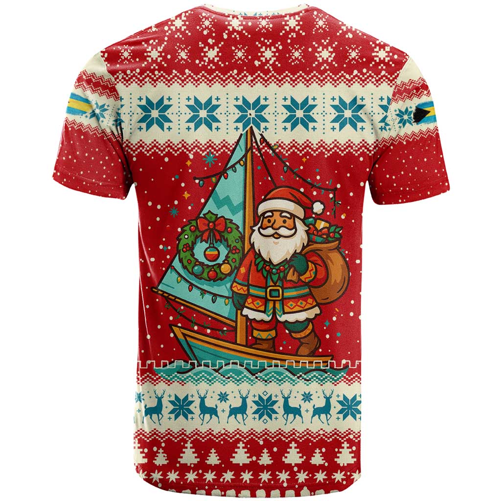 Bahamas Christmas T-Shirt with Red Festive Pattern Sailing Santa and National Flag Motif Graphic Tee