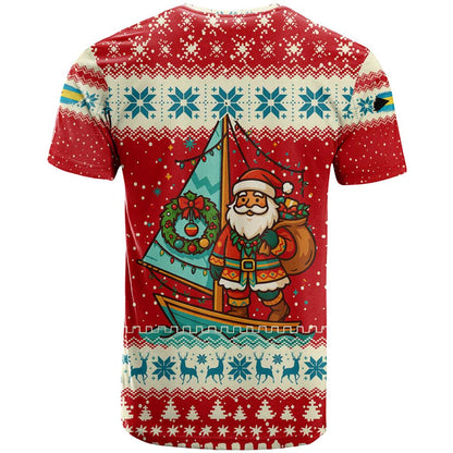 Bahamas Christmas T-Shirt with Red Festive Pattern Sailing Santa and National Flag Motif Graphic Tee