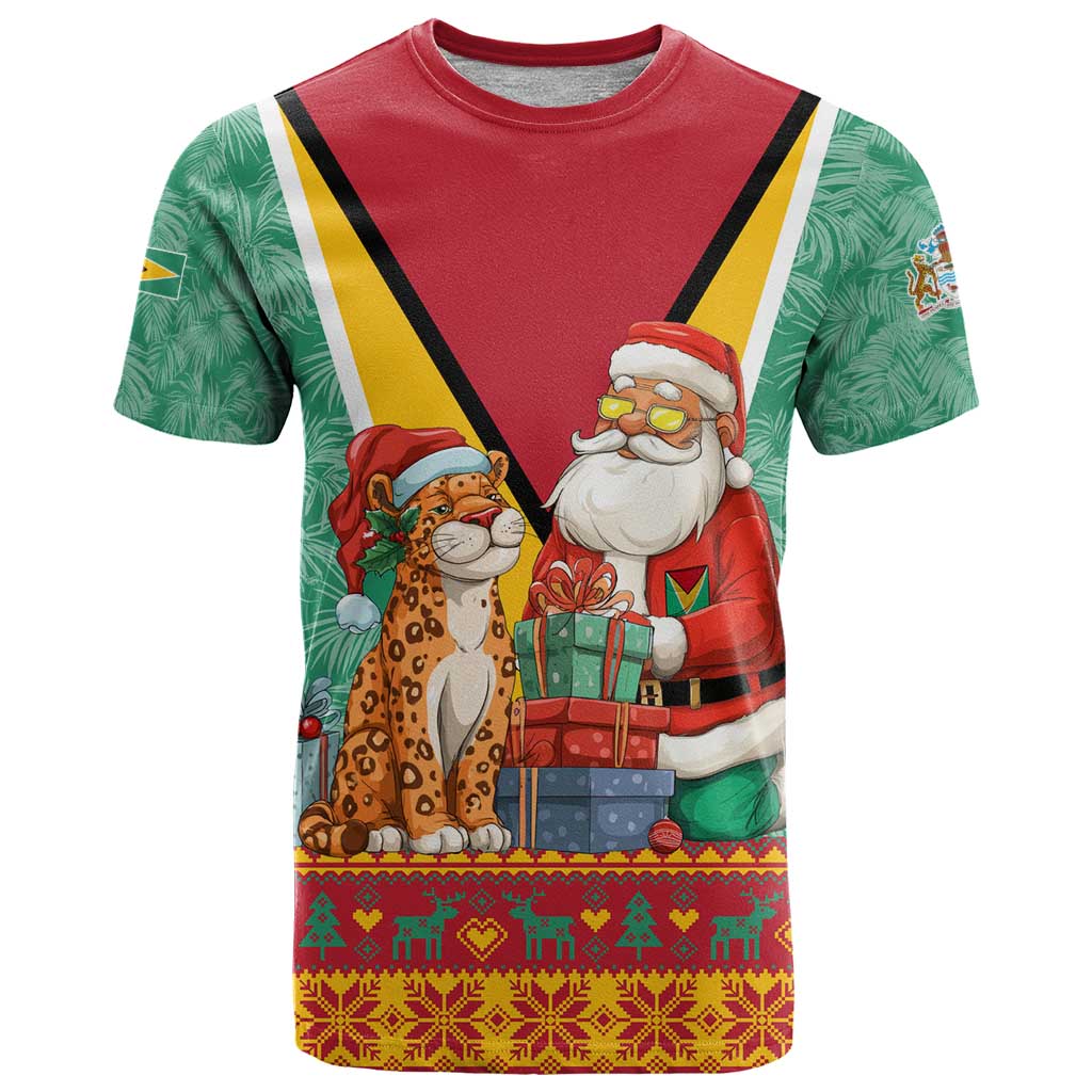 Guyana Christmas Santa Leopard T-Shirt with Green Red Yellow Gift and Map Graphic Tee