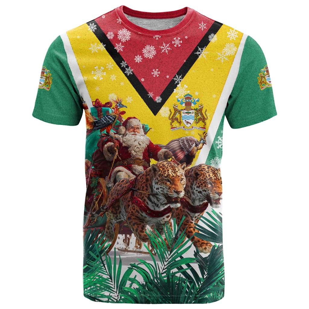 Guyana Flag T-Shirt Christmas Santa Jaguar and National Motto Green Yellow Graphic Tee