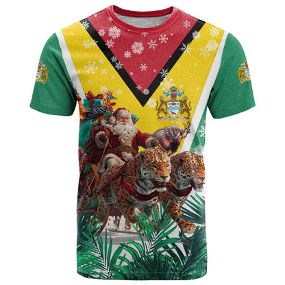 Guyana Flag T-Shirt Christmas Santa Jaguar and National Motto Green Yellow Graphic Tee