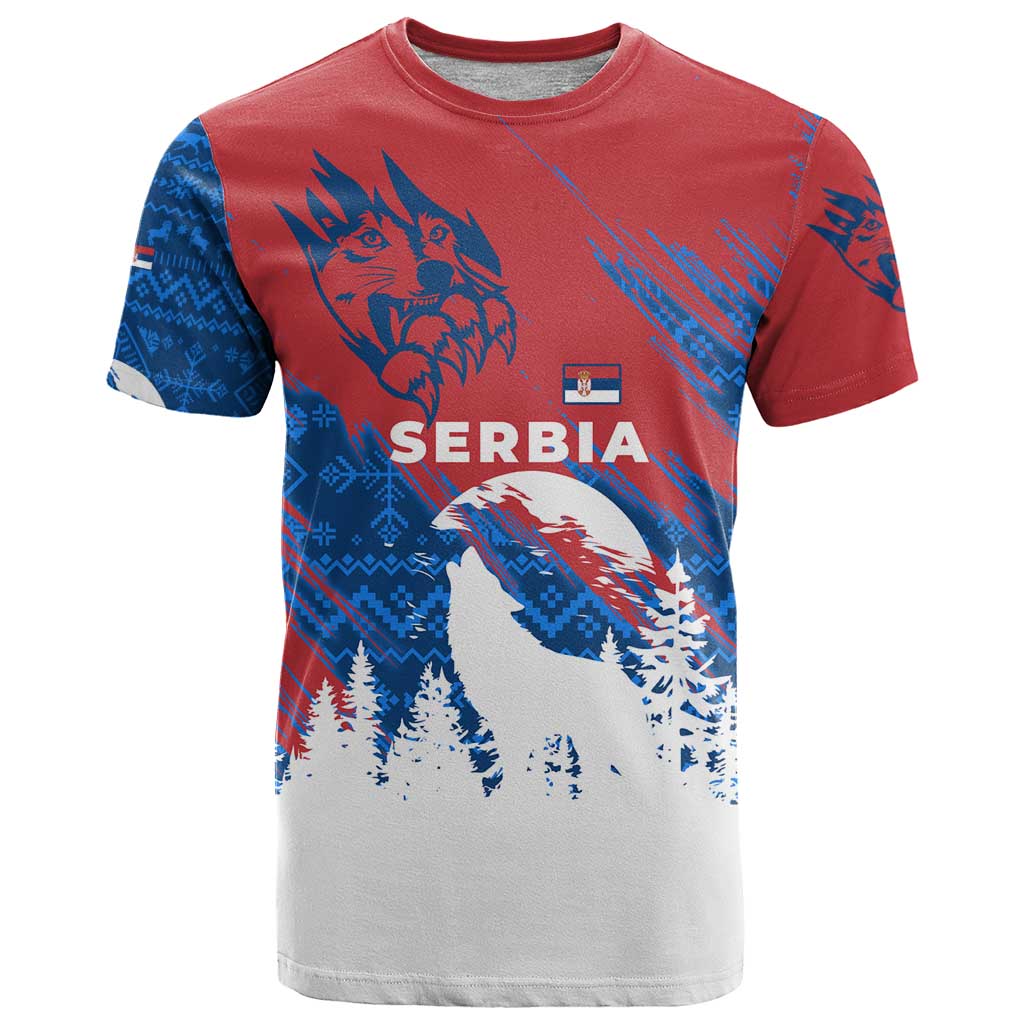 Serbia Christmas T-Shirt with Wolf Howling Moon Serbian Flag and Red Blue White Winter Forest Pattern Design Graphic Tee