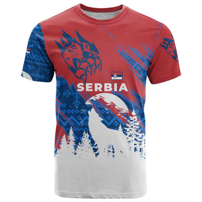 Serbia Christmas T-Shirt with Wolf Howling Moon Serbian Flag and Red Blue White Winter Forest Pattern Design Graphic Tee