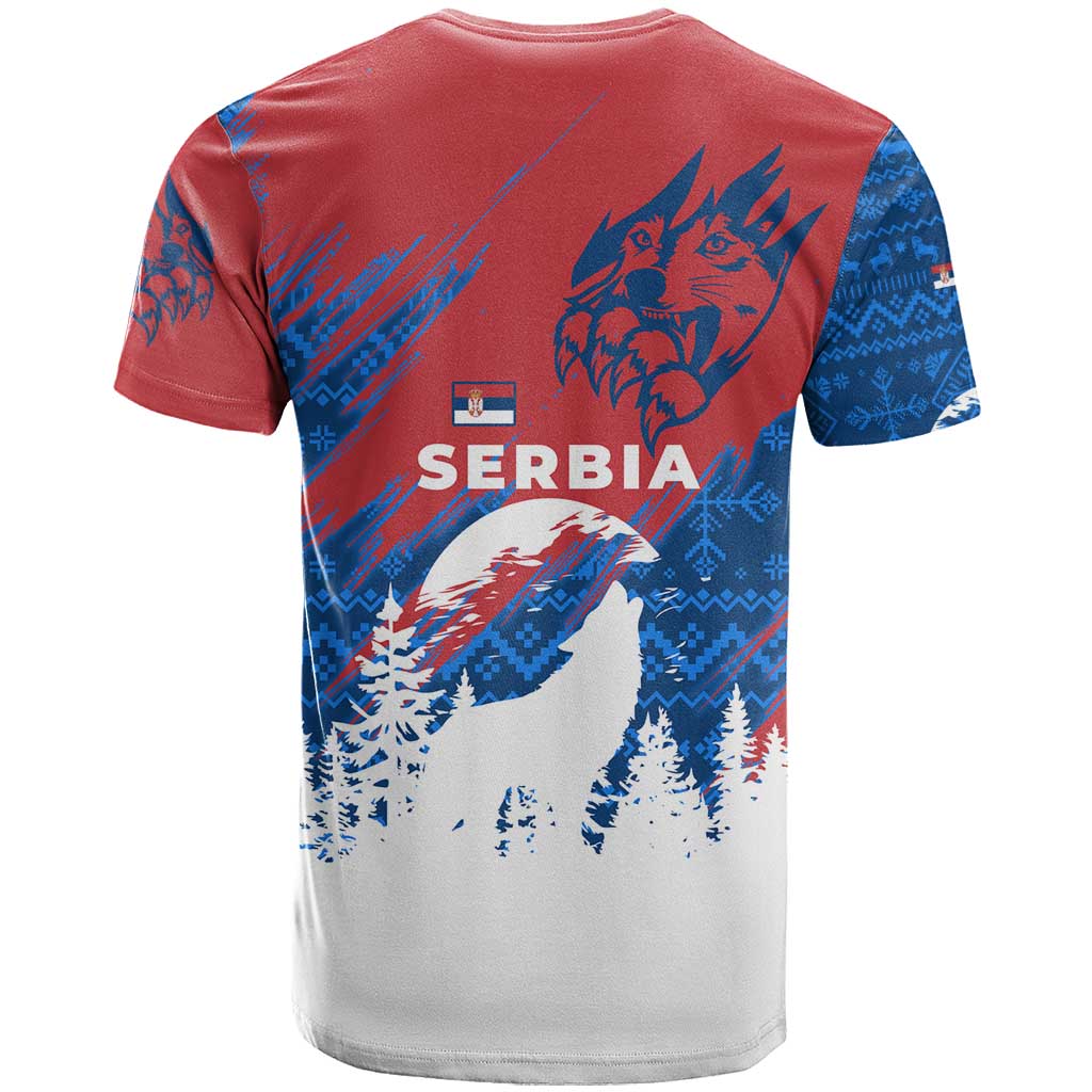 Serbia Christmas T-Shirt with Wolf Howling Moon Serbian Flag and Red Blue White Winter Forest Pattern Design Graphic Tee