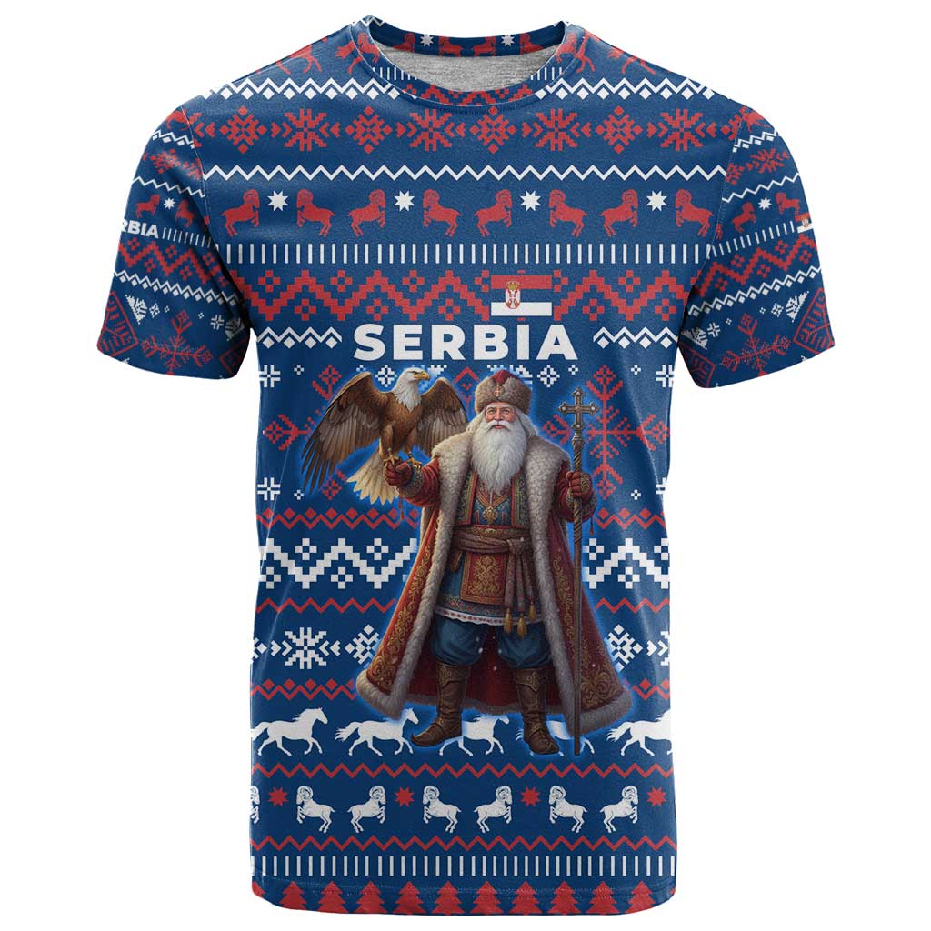 Serbia Christmas T-Shirt with Traditional Santa Eagle Serbian Coat of Arms and Blue Red White Folk Pattern Design Graphic Tee