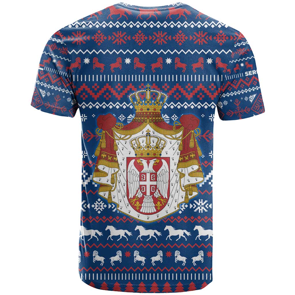Serbia Christmas T-Shirt with Traditional Santa Eagle Serbian Coat of Arms and Blue Red White Folk Pattern Design Graphic Tee