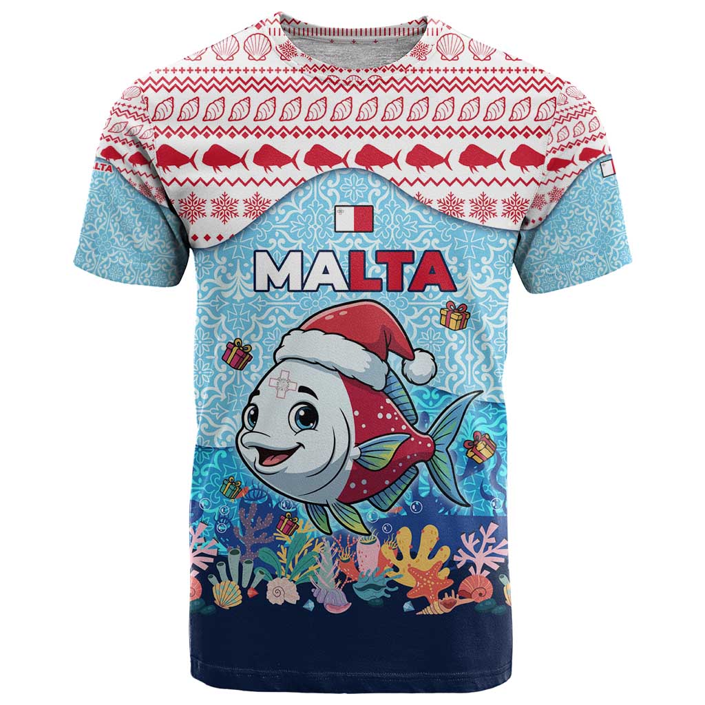 Malta Christmas T-Shirt with Santa Fish Malta Flag Coral Reef and Red Blue Festive Pattern Design Graphic Tee