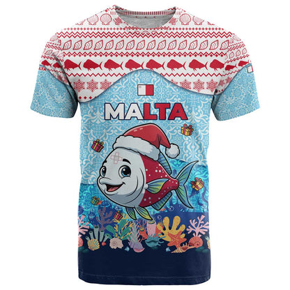 Malta Christmas T-Shirt with Santa Fish Malta Flag Coral Reef and Red Blue Festive Pattern Design Graphic Tee