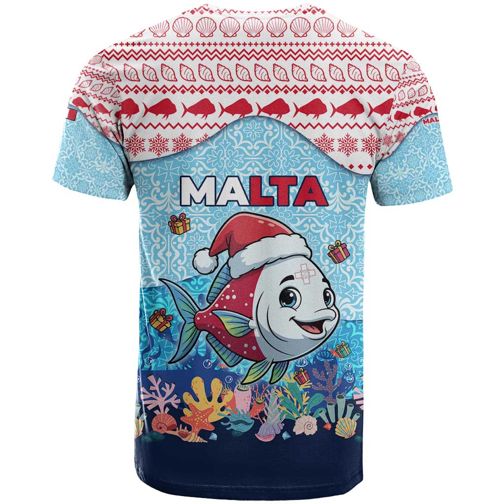Malta Christmas T-Shirt with Santa Fish Malta Flag Coral Reef and Red Blue Festive Pattern Design Graphic Tee