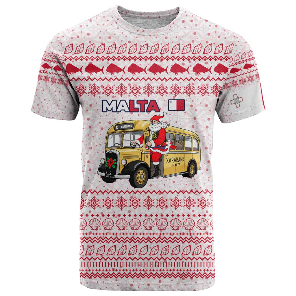 Malta Christmas T-Shirt with Santa Driving Vintage Bus Malta Flag and Red White Festive Pattern Design Graphic Tee