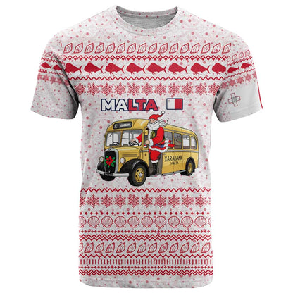 Malta Christmas T-Shirt with Santa Driving Vintage Bus Malta Flag and Red White Festive Pattern Design Graphic Tee