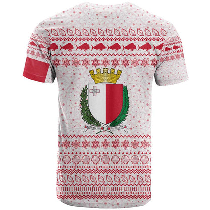 Malta Christmas T-Shirt with Santa Driving Vintage Bus Malta Flag and Red White Festive Pattern Design Graphic Tee