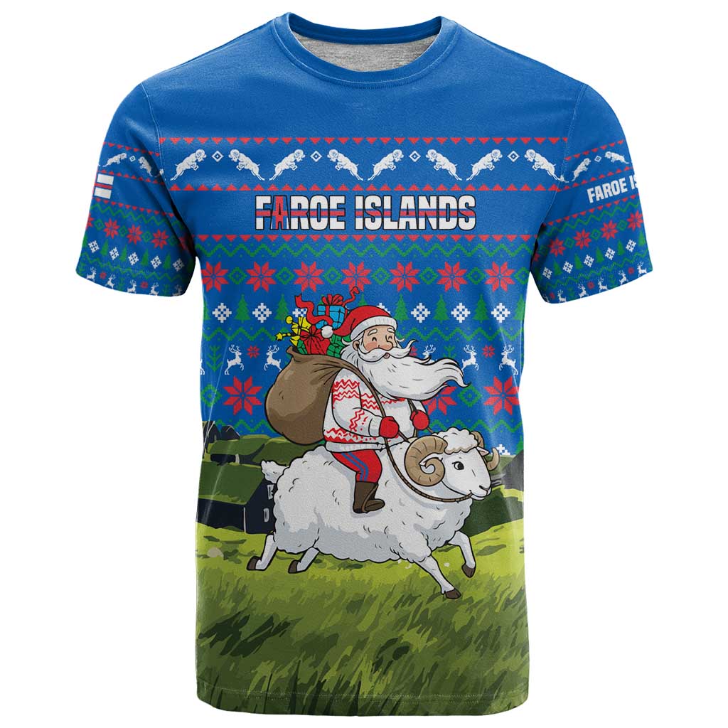 Faroe Islands Christmas T-Shirt with Santa Riding Sheep Grass Roof Houses and Blue Nordic Pattern Design Graphic Tee
