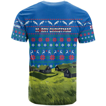 Faroe Islands Christmas T-Shirt with Santa Riding Sheep Grass Roof Houses and Blue Nordic Pattern Design Graphic Tee
