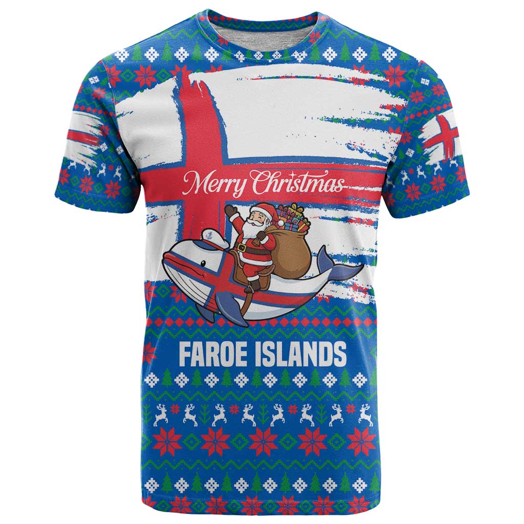 Faroe Islands Christmas T-Shirt with Santa Riding Whale Faroe Flag and Blue Nordic Winter Pattern Design Graphic Tee