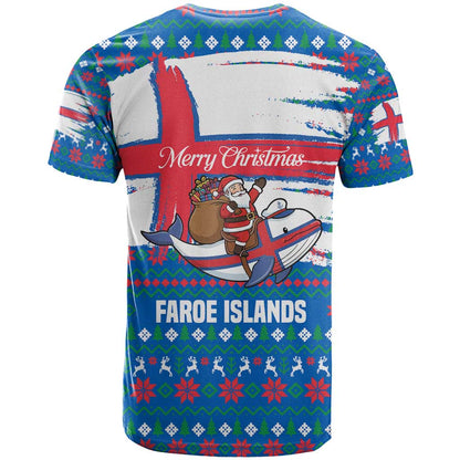 Faroe Islands Christmas T-Shirt with Santa Riding Whale Faroe Flag and Blue Nordic Winter Pattern Design Graphic Tee