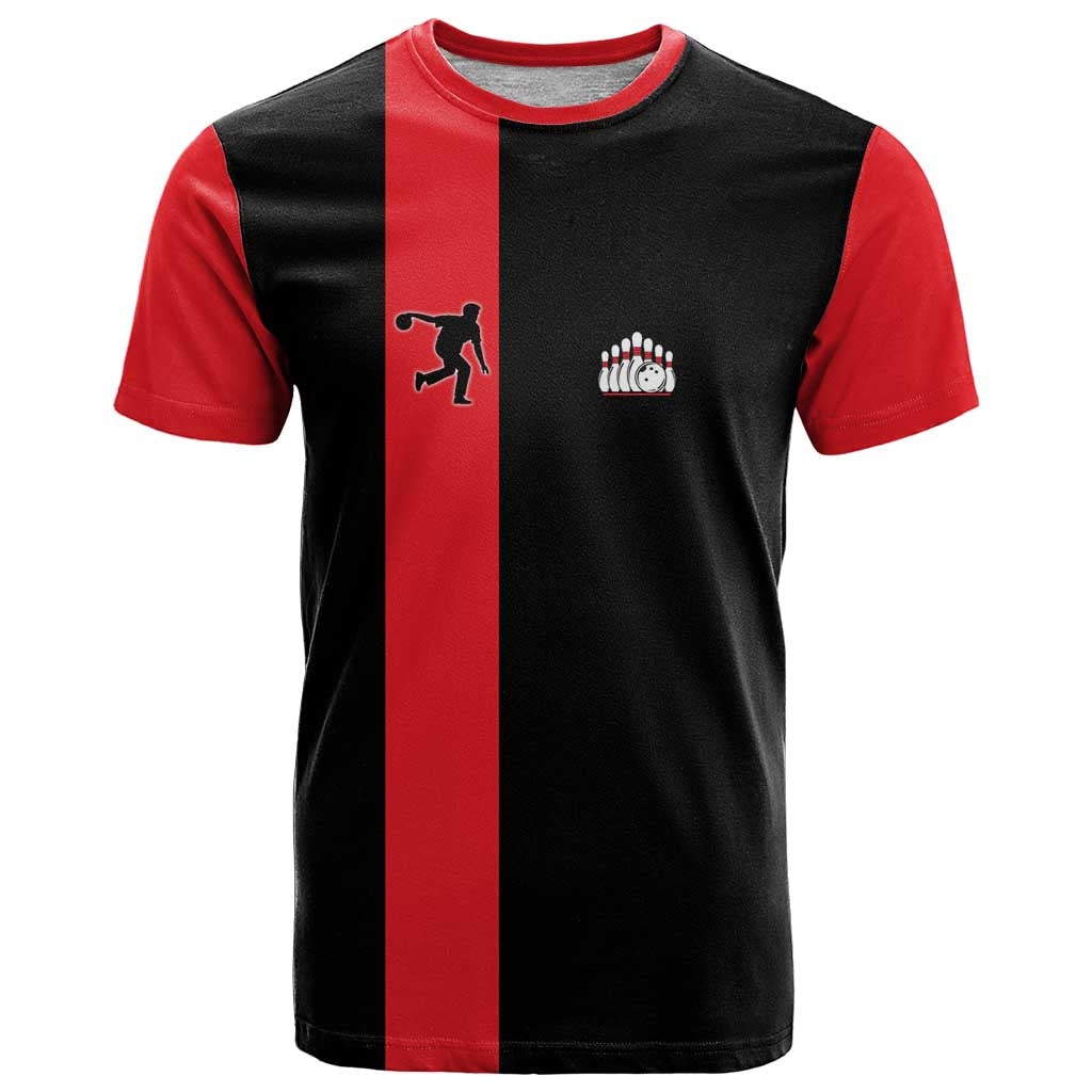 Custom Red and Black Bowling T-Shirt with Strike Explosion Graphic Custom Name and Bowler Silhouette Graphic Tee