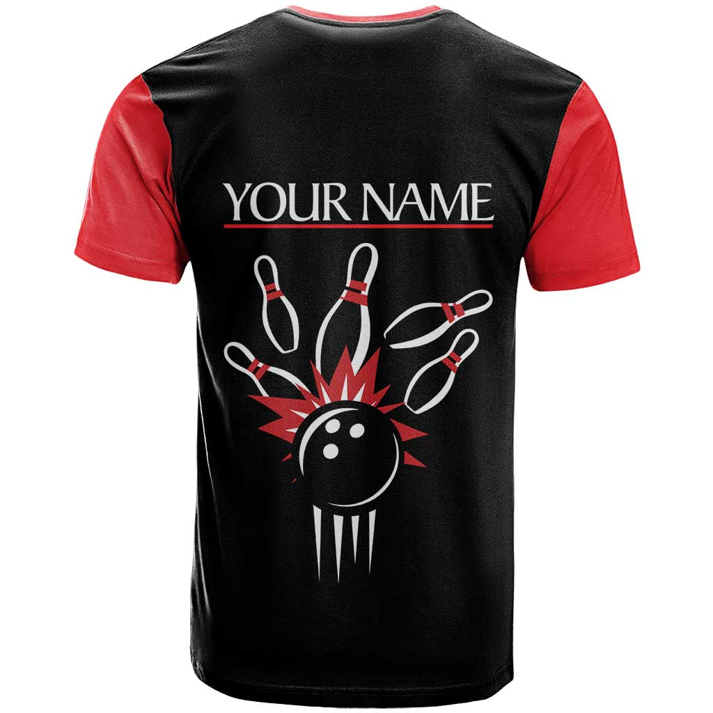 Custom Red and Black Bowling T-Shirt with Strike Explosion Graphic Custom Name and Bowler Silhouette Graphic Tee