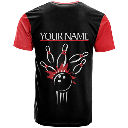 Custom Red and Black Bowling T-Shirt with Strike Explosion Graphic Custom Name and Bowler Silhouette Graphic Tee