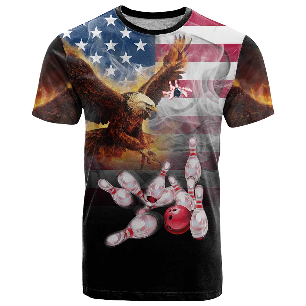 Custom Patriotic Eagle Bowling T-Shirt with American Flag Strike Design Graphic Tee