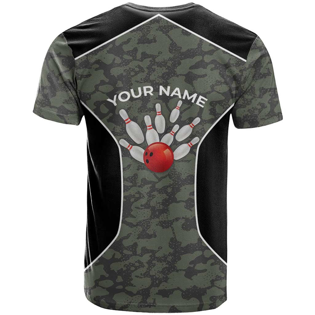 Custom Camouflage Bowling T-Shirt with Red Strike Ball Graphic Graphic Tee