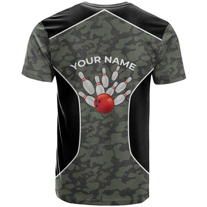 Custom Camouflage Bowling T-Shirt with Red Strike Ball Graphic Graphic Tee
