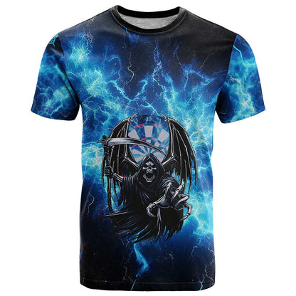 Custom Grim Reaper Bowling T-Shirt with Blue Lightning Background Graphic Tee