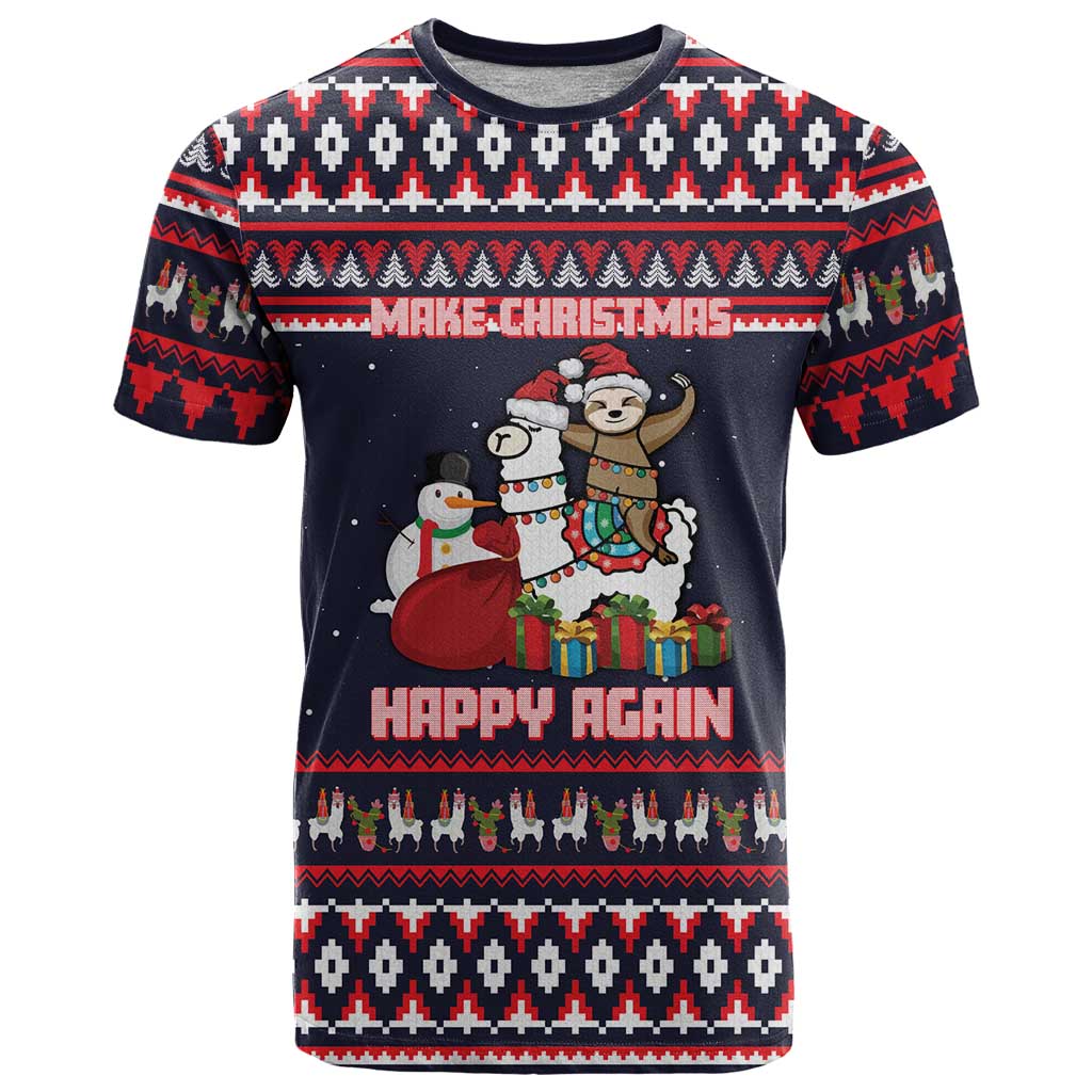 Llama and Snowman T-Shirt with Gifts and Nordic Pattern Graphic Tee