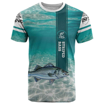 Striped Bass Fishing T-Shirt with Underwater Ocean Scene and Teal Water Pattern Graphic Tee