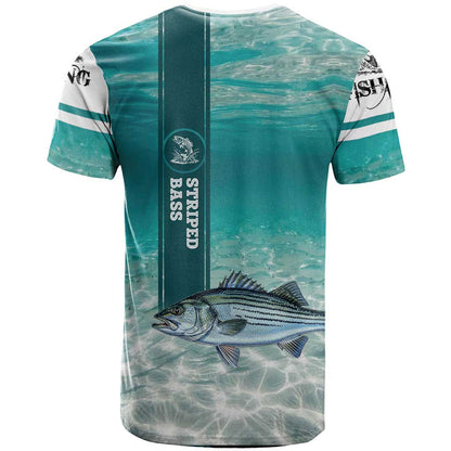Striped Bass Fishing T-Shirt with Underwater Ocean Scene and Teal Water Pattern Graphic Tee