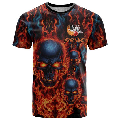 Custom Flaming Skull Bowling T-Shirt with Fiery Pins and Intense Red Blue Flame Pattern Graphic Tee
