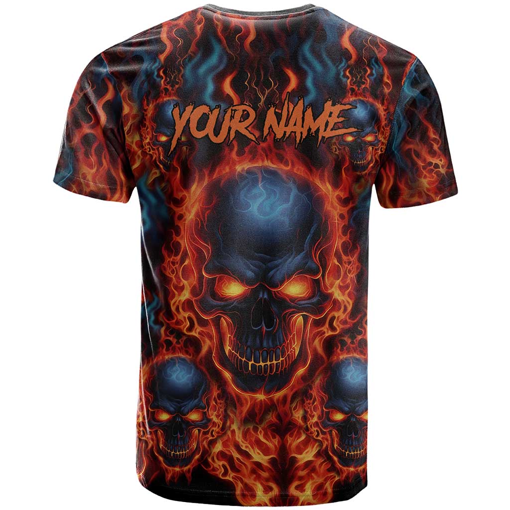 Custom Flaming Skull Bowling T-Shirt with Fiery Pins and Intense Red Blue Flame Pattern Graphic Tee