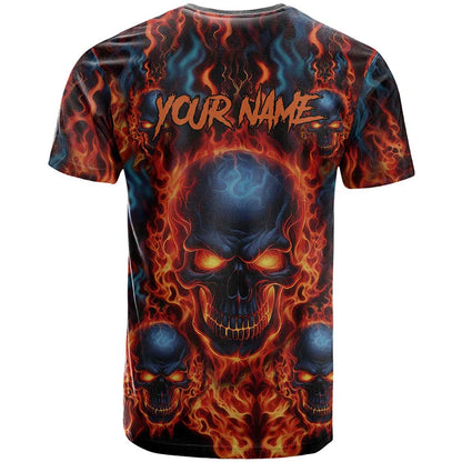 Custom Flaming Skull Bowling T-Shirt with Fiery Pins and Intense Red Blue Flame Pattern Graphic Tee