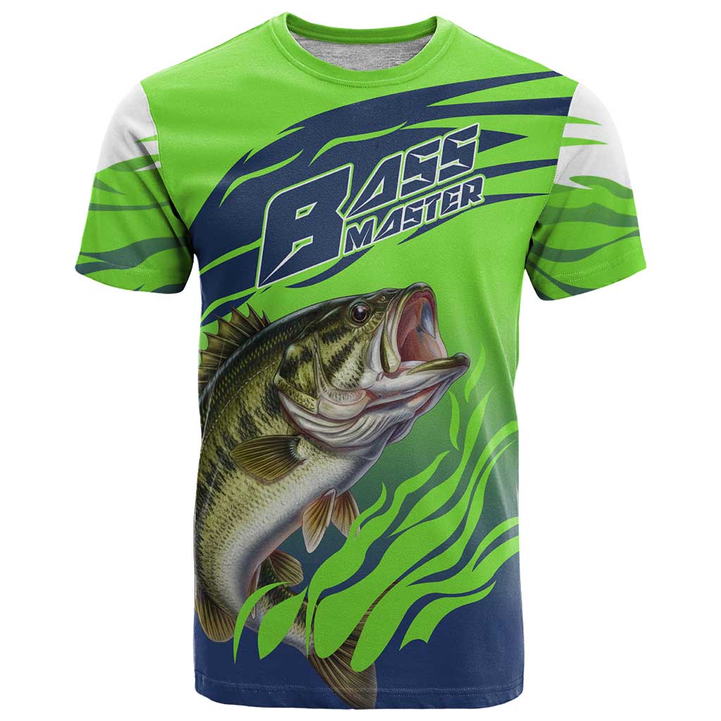 Bass Master Fishing T-Shirt with Jumping Largemouth Bass and Green Wave Pattern Graphic Tee