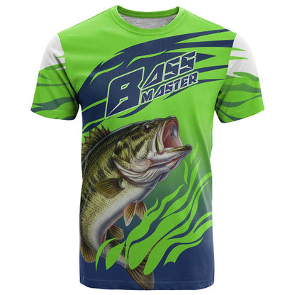 Bass Master Fishing T-Shirt with Jumping Largemouth Bass and Green Wave Pattern Graphic Tee