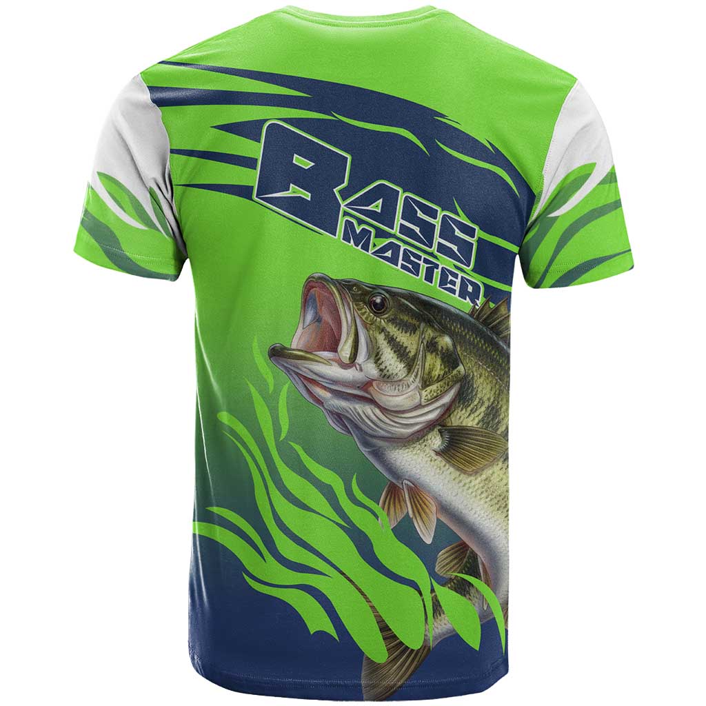 Bass Master Fishing T-Shirt with Jumping Largemouth Bass and Green Wave Pattern Graphic Tee