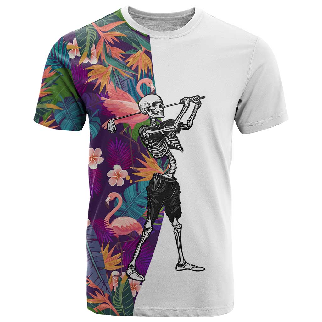 Custom Skeleton Golfer T-Shirt with Tropical Flamingo Leaves Pattern and Colorful Floral Background Graphic Tee