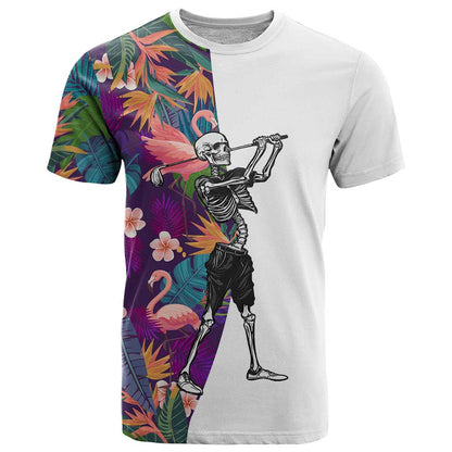 Custom Skeleton Golfer T-Shirt with Tropical Flamingo Leaves Pattern and Colorful Floral Background Graphic Tee