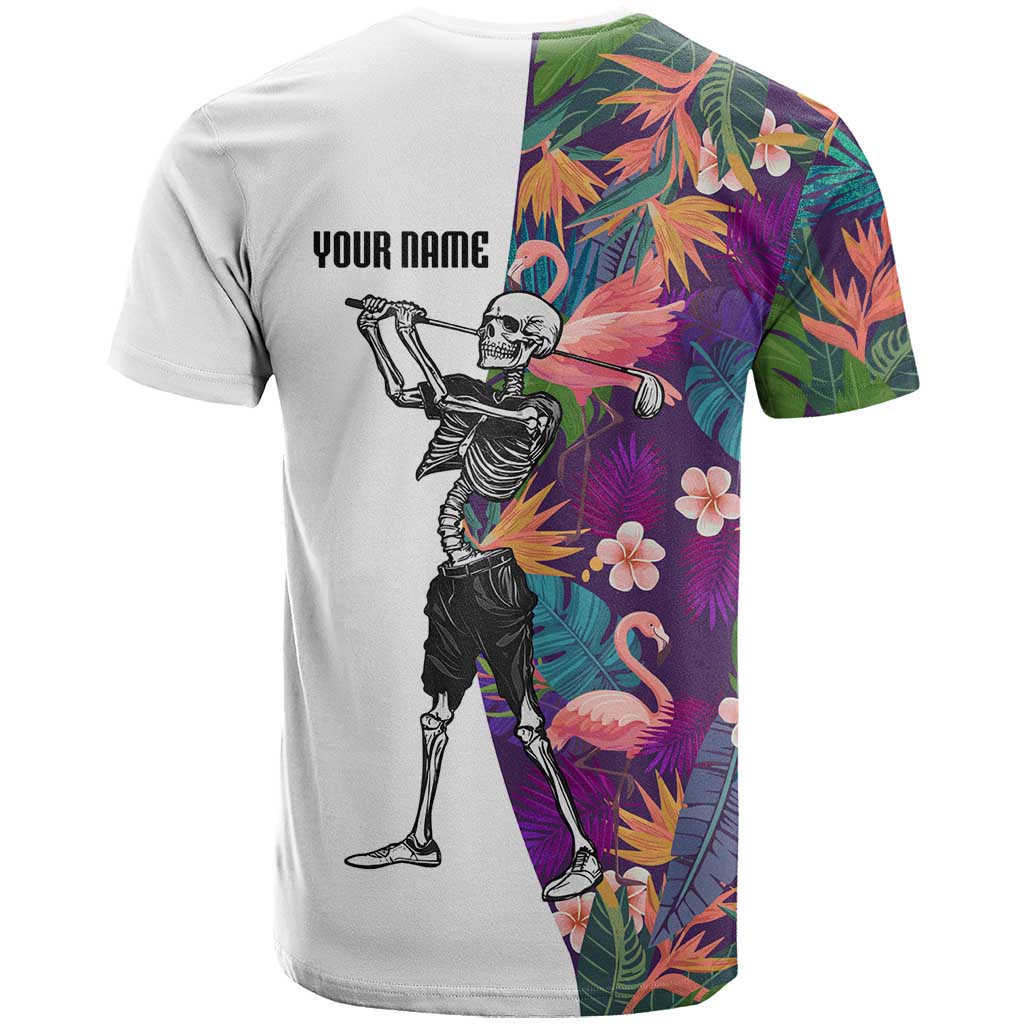 Custom Skeleton Golfer T-Shirt with Tropical Flamingo Leaves Pattern and Colorful Floral Background Graphic Tee