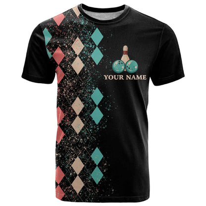 Custom Bowling Balls T-Shirt with Does This Shirt Make My Balls Look Big Quote and Retro Argyle Pattern Graphic Tee
