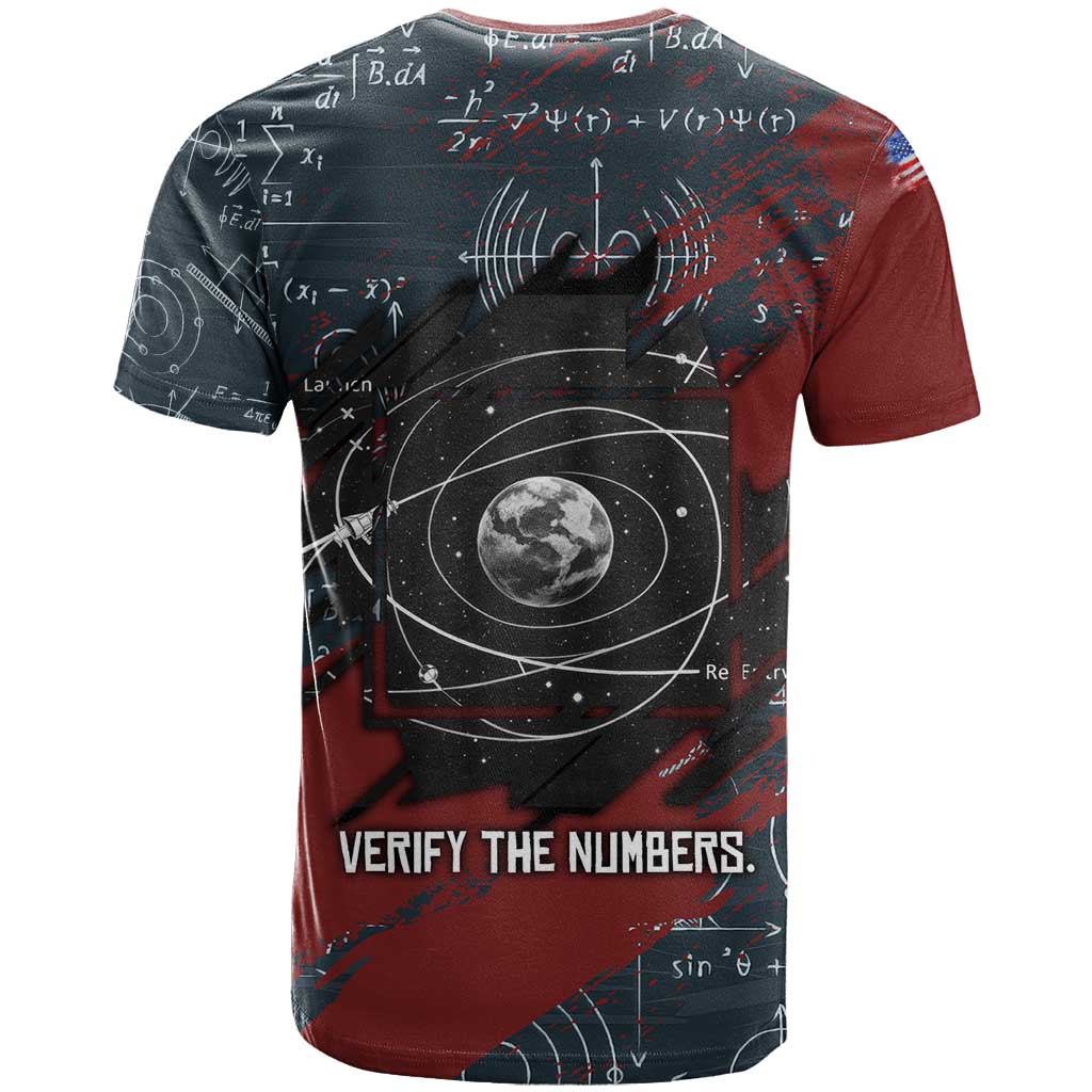 Katherine Johnson T-Shirt with Chalkboard Math Scene, Verify the Numbers Quote and Space Orbit Graphic Tee
